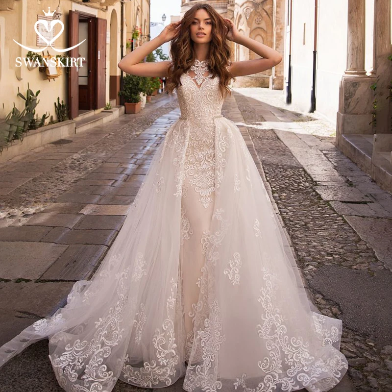 Свадебное платье со съемным шлейфом,, сексуальное, 2 в 1, Русалочка, Swanskirt, аппликация, кружево, кристалл, пояс, свадебное платье, vestido de noiva LZ07