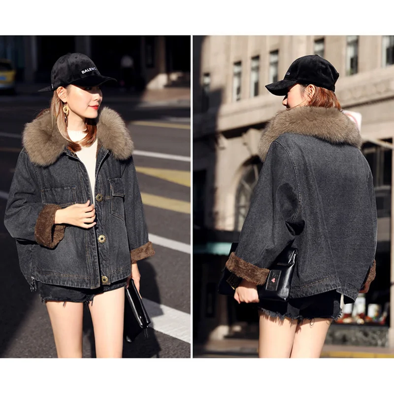QAZXSW Spring Autumn Women Denim Jacket Plus Size Thick Jeans Coat Fur Collar Bomber Harajuku Casaco Feminino HB546 | Женская одежда