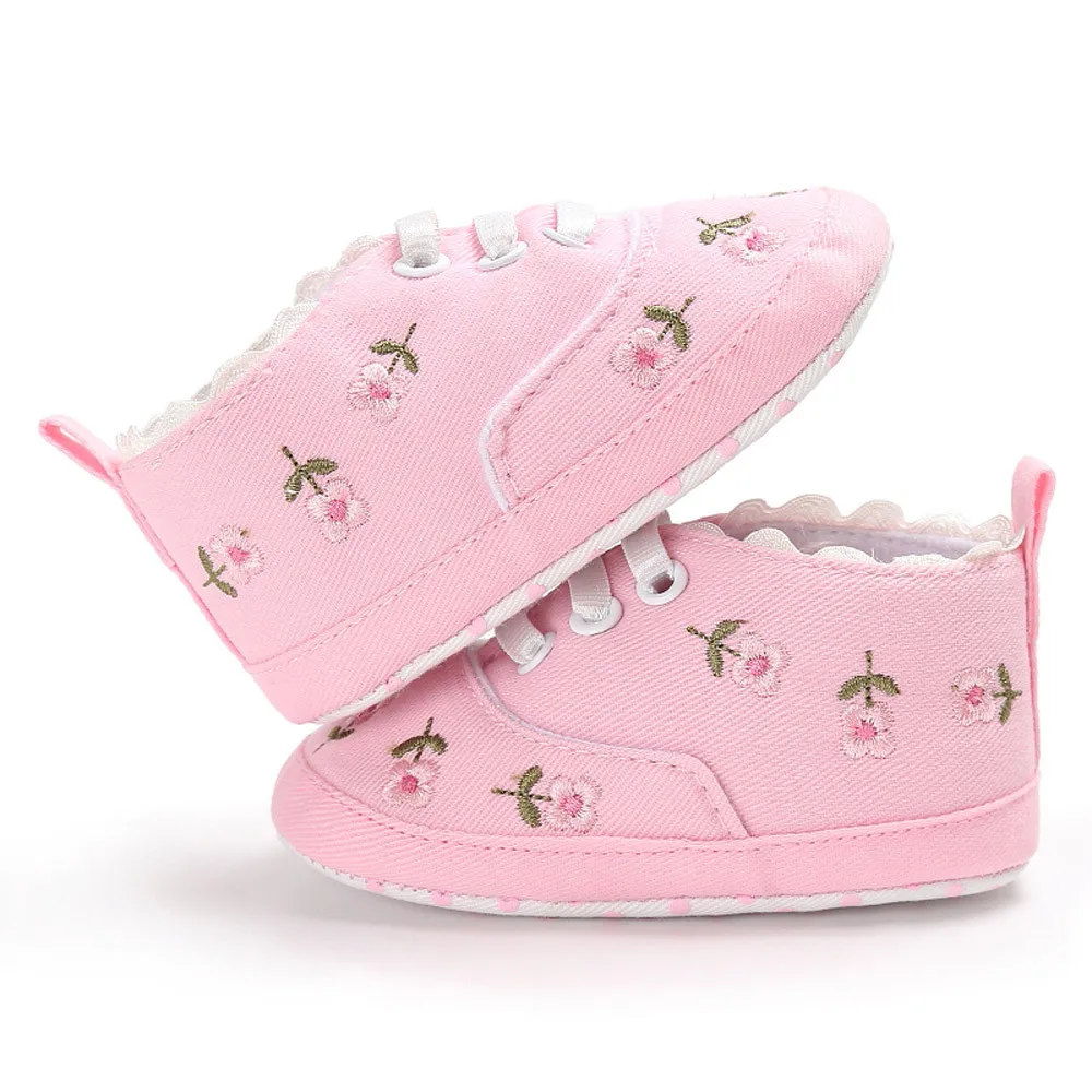 

Newborn Infant Baby Girls Floral Embroidery Dress First Walkers Soft Lace-up Crib Shoes Sole Anti-slip Sneakers Canvas Shoes New
