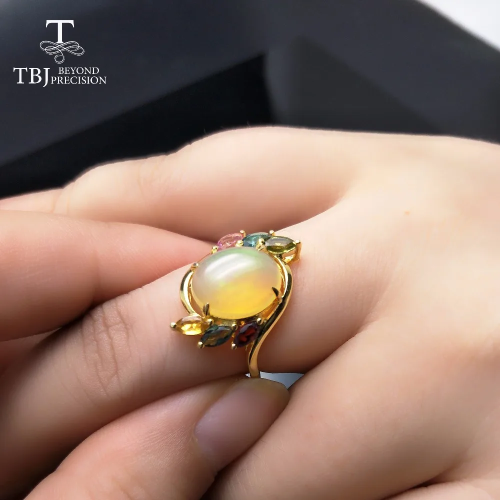 yellow opal TBJ, натуральный Эфиопский цветной опал Овальный 10*12 мм с турмалиновым драгоценным камнем кольцо из стерлингового серебра 925 пробы для женщин с подарочной коробкой - Цвет камня: yellow opal