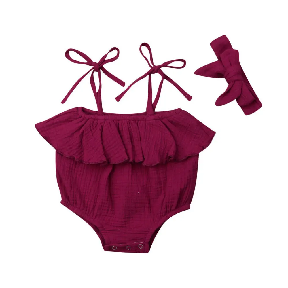 Fuchsia Детская летняя одежда для новорожденных маленьких девочек Комбинезон на бретельках Твердые Хлопок боди повязка 2 шт. Раффлед наряды одежда - Цвет: Fuchsia