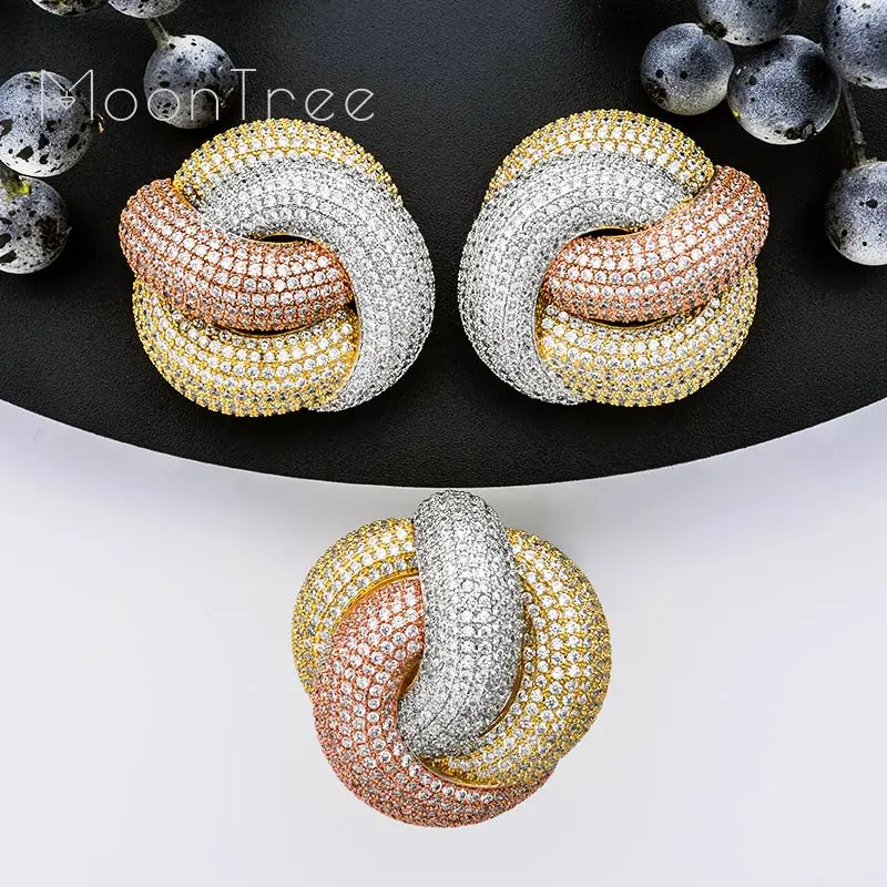 Роскошные плетеные серьги MoonTree с полностью зеркальным розовым фианитом