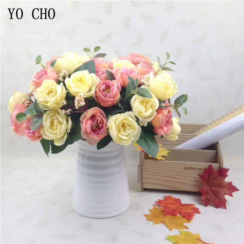 

YO CHO Artificial Flowers Silk Flower European 1 Bouquet 10 head Fall Vivid Peony Fake Leaf Wedding Decoration Home Party