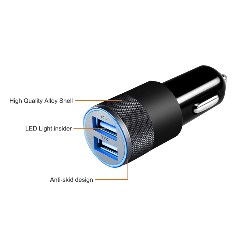 12 V-24 V 2.1A 1.0A машинная Зажигалка для сигарет черного цвета алюминий 2-портовый Переходник USB для зарядки в машине для Iphone XS Max XR samsung