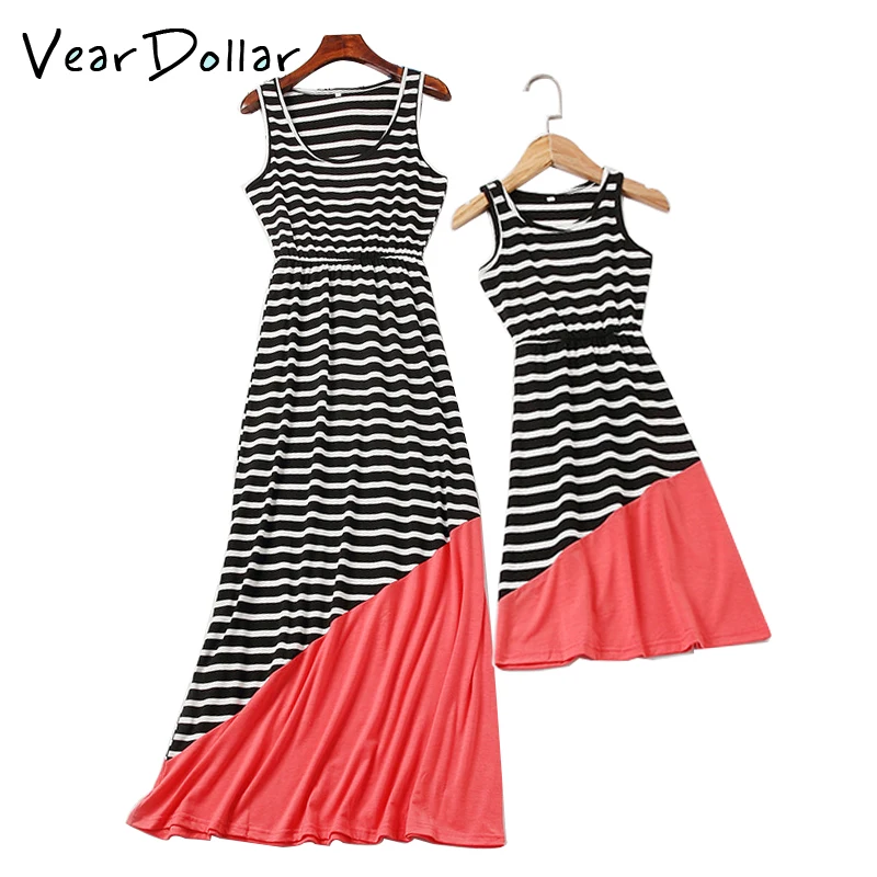 Veardoller Mother Daughter Matching Dress 2018 New Summer Sleeveless Striped Patchwork Family Clothing Fashion Look | Мать и ребенок