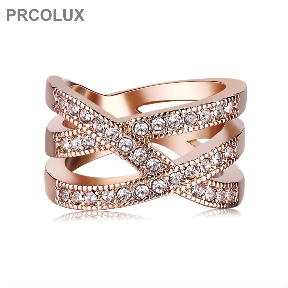 PRCOLUX Новый Розовое золото Цвет крест кристалл Wedings полосы кольца для Для женщин