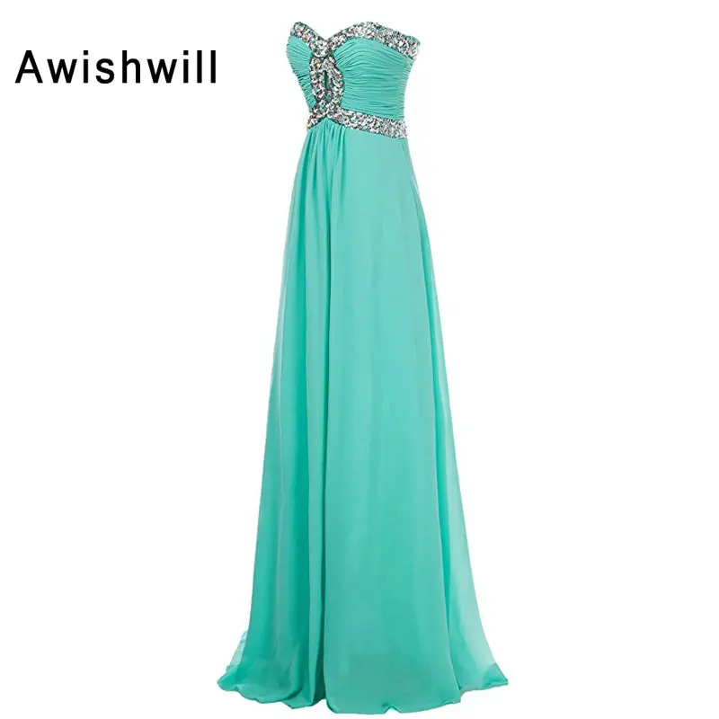 

Vestido de Festa Longo Aqua Color Party Dress Long Lace-up Back Floor Length Beadings Chiffon Evening Gowns Prom Dresses 2020