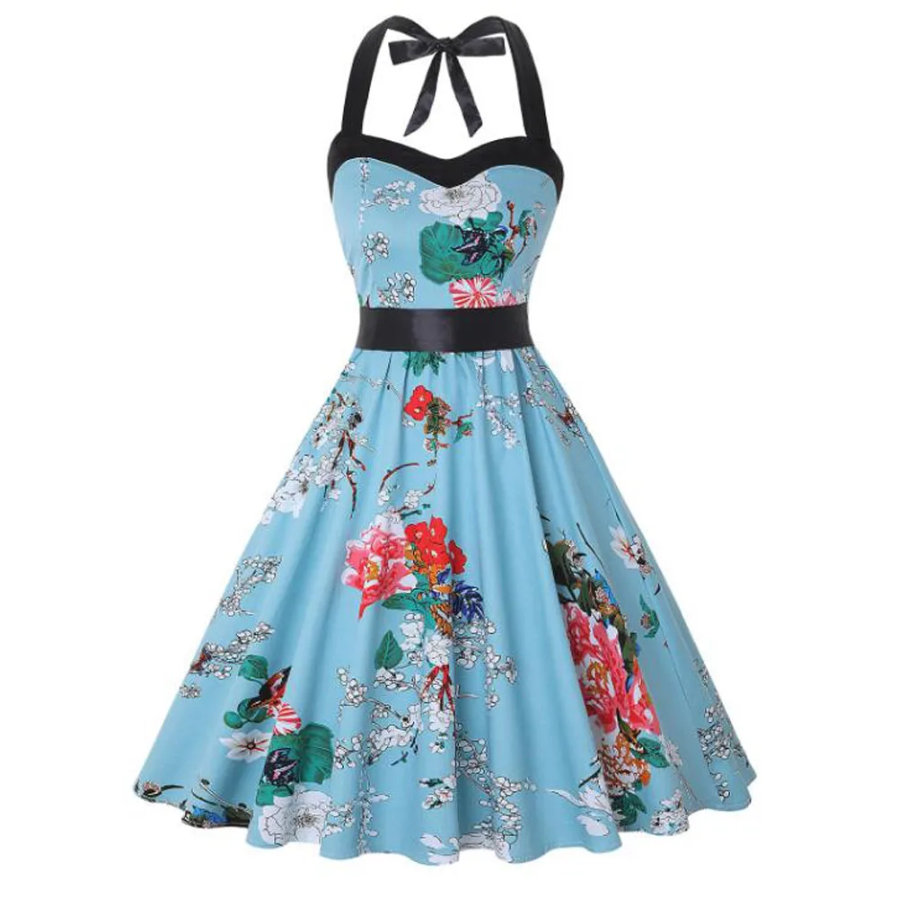 Женское винтажное платье в горошек черное стиле Одри Хепберн с цветочным принтом