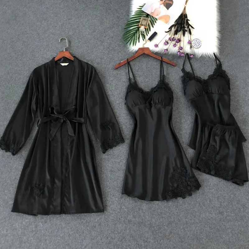 Robe set Black Женские пижамные комплекты, ночные рубашки, сексуальные женские атласные ночные рубашки, пижамы, шорты, пижамы, женские шелковые халаты с цветочным принтом подружек невесты - Цвет: Robe set Black