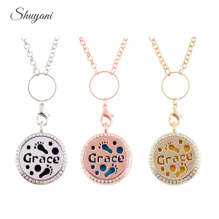 

10pcs/lot 30mm Round Essential Oil Diffusing PerfumeAromatherapy Locket Necklace Grace Letter Rhinestone Memory Living Locket