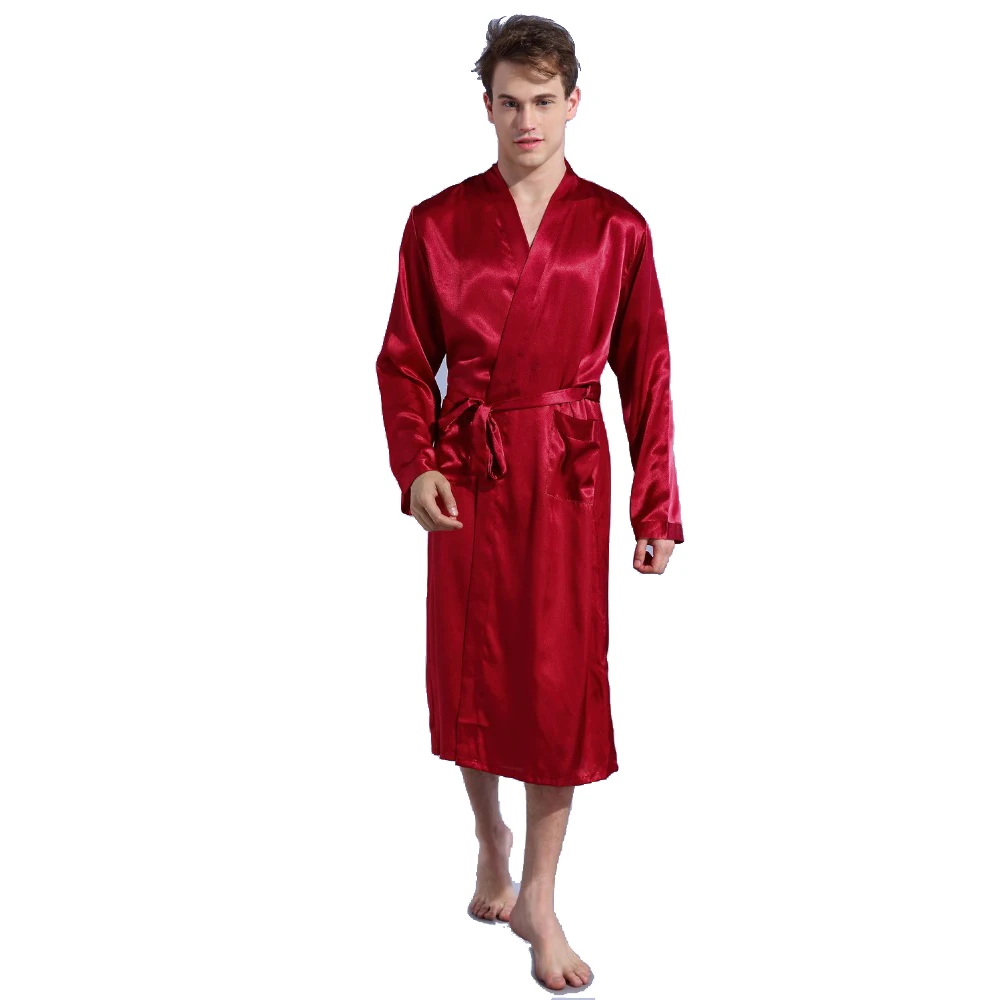 Chinese Men's Wine Red Satin Robe With Belt Kimono Bathrobe Gown Nightgown Sleepwear Home Leisure Pajamas S M L XL XXL TBG0611