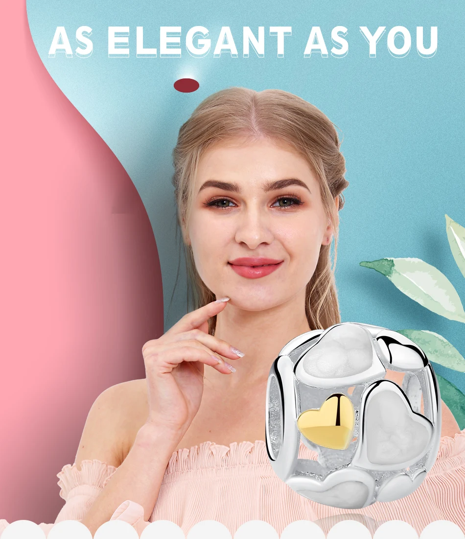 ELESHE, модный, 925 пробы, серебряный, белый, эмаль, сердце, Шарм с золотыми бусинами, подходит к оригинальному браслету, изготовление ювелирных изделий
