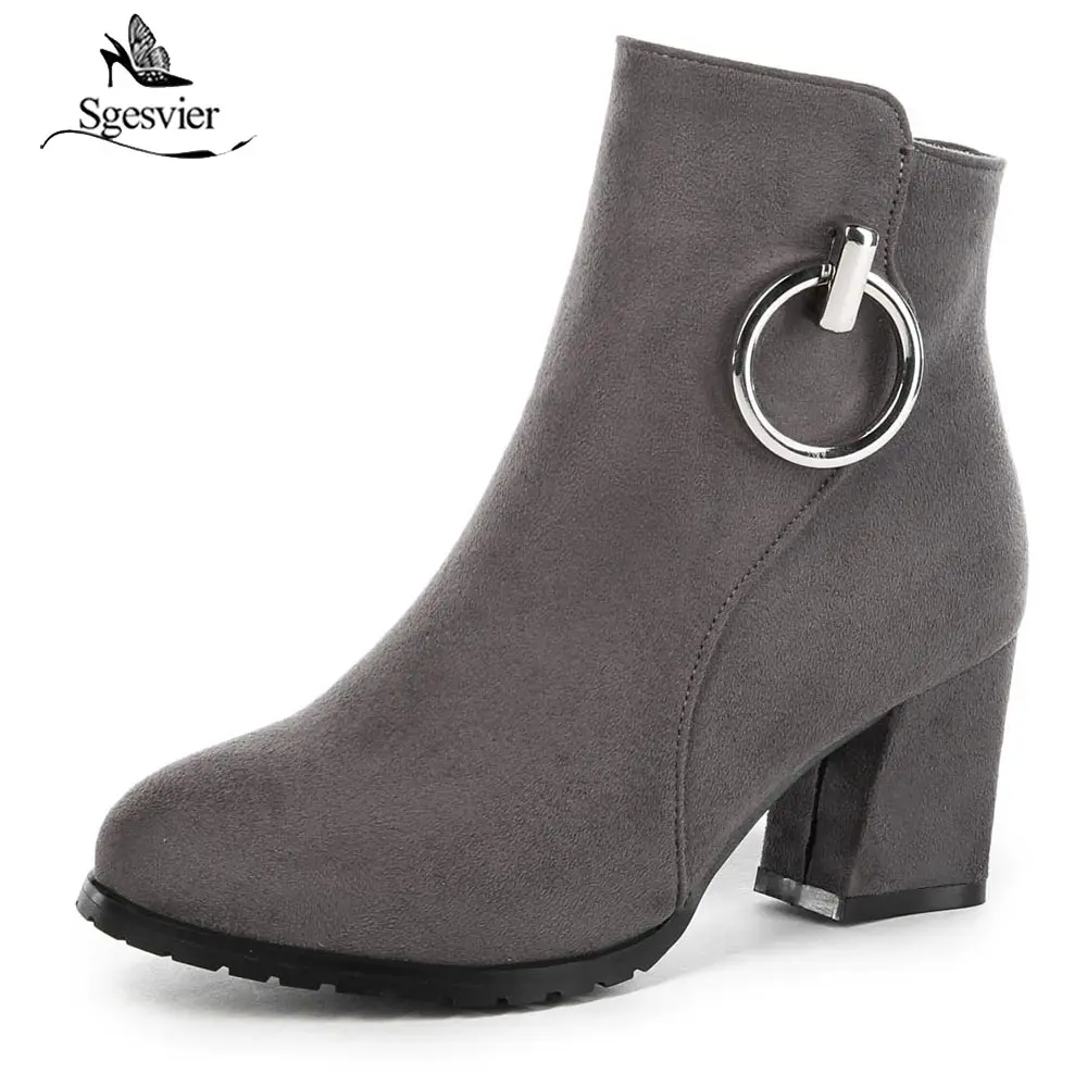 

Sgesvier Women Ankle Boots Winter High Heel Boots Round Toe Martin Boots Zipper Shoes 2018 Black Gray Large Size 33-43 OX706