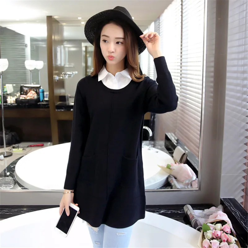 2019 Autumn New Loose Women Pullover Sweater Long Section Fake Two Shirt Collar Knitwear Jacket A1818 | Женская одежда