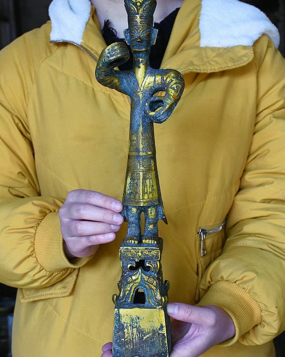 14 8 &quotАнтичная старая китайская Бронзовая позолоченная династия sanxingdui статуя