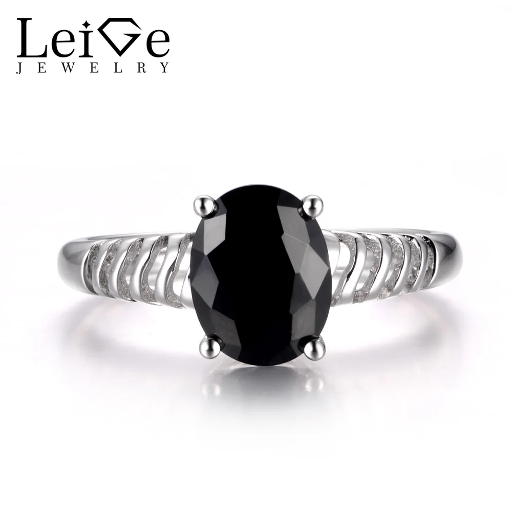 

LeiGe Jewelry Natural Black Spinel Rings Cocktail Rings Oval Shape Black Gemstone Solid 925 Sterling Silver Fine Jewelry for Her