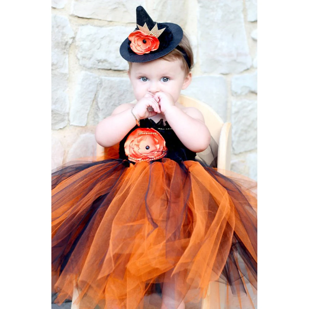 Halloween Thanksgiving Witch Tutu Dress Costume with Hat Orange Black Pumpkin Evil Sorceress Cosplay Clothes For Photos |