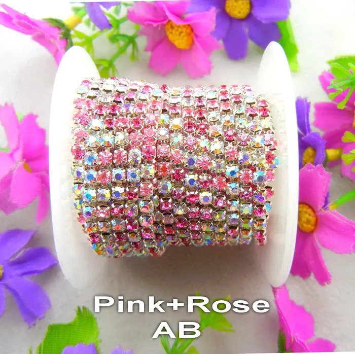 A13 Pink rose AB Высокая плотность 5 ярдов/рулон серебряный коготь цвета микс ss6 2 мм ss8 2,5 мм ss10 2,8 мм ss12 3 мм стразы на цепочке пришивной клей для отделки - Цвет: A13 Pink rose AB