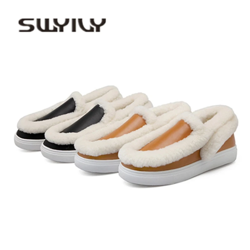 SWYIVY 30-44 женские меховые Лоферы Стразы бант сезон осень-зима, вельветовые меховые теплые женские туфли в повседневном стиле; удобные зимние ботинки
