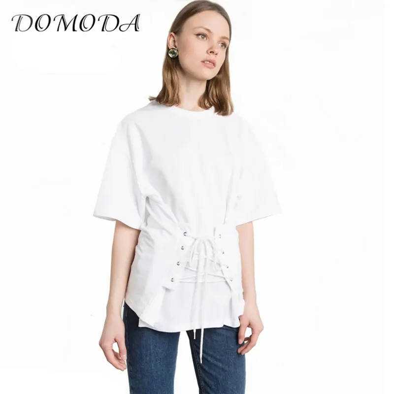 Domoda однотонные белые на шнуровке спереди Для женщин футболка опрятный Кратко о