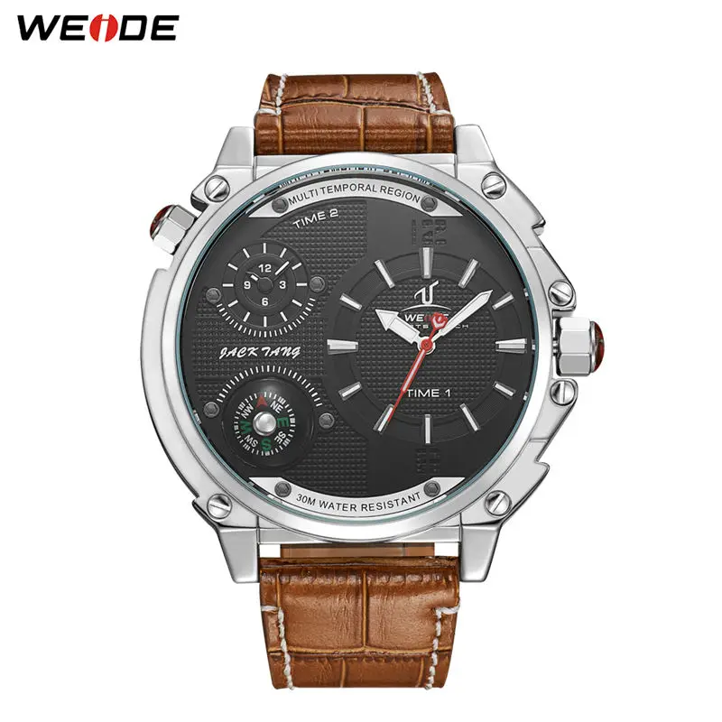 WEIDE спортивные роскошные часы с несколькими часовыми поясами, кварцевые мужские наручные часы с коричневым кожаным ремешком, мужские часы, мужские часы orologi uomo - Цвет: black dial