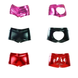 Сексуальные женские блестящие мокрые шорты с металлическим сердечком и вырезами, трусики для мальчиков, Клубное нижнее белье, нижнее белье, Фетиш-белье