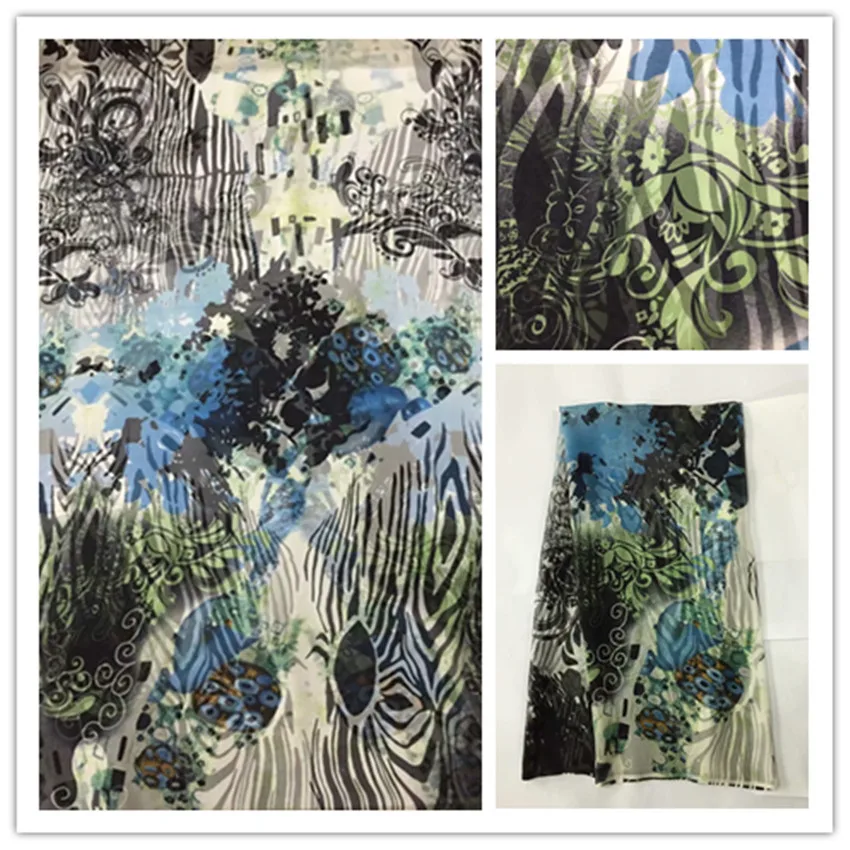 

140cm Thin 100%Pure Natural Mulberry Silk Chiffon Digital Printed Blue Fabric Material Textile Sew Women Dress Scarf Cloth DS19