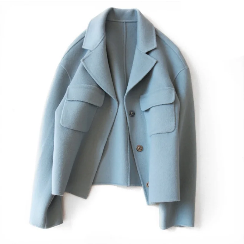 Women Woolen Jacket Short Coat Autumn Winter Turn-down Collar Loose Solid Woolen Blends Coat S-XL