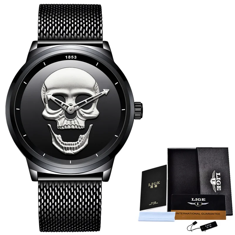 Black Silver LIGE 3D череп часы для мужчин модные кварцевые часы Полный сталь для мужчин s часы лучший бренд класса люкс водонепроницаемые спортивные часы Relogio Masculino - Цвет: Black Silver