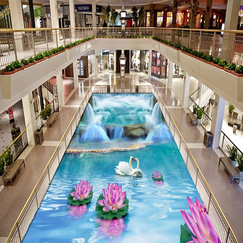 

Custom Mural Wallpaper 3D Waterfall Swan Lotus Floor Tiles Sticker Bathroom Mall Wear Non-slip Waterproof Vinyl Floor Wall Paper