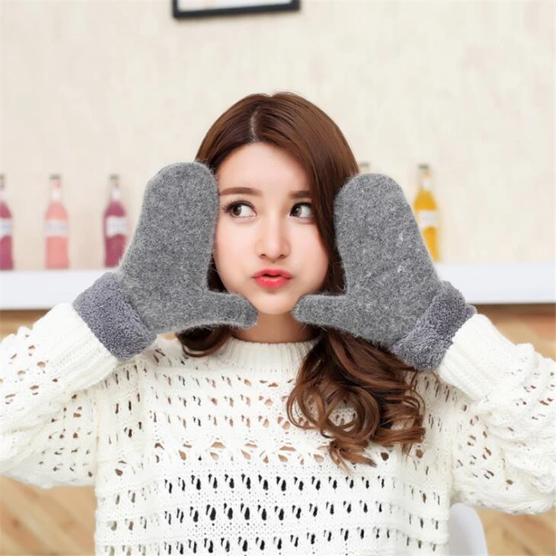 

YSDNCHI Lovely Winter Knitted Wool Thicker Cashmere Velvet Warm Black Gloves Ladies Cute Fingerless Women Solid Mittens Guantes