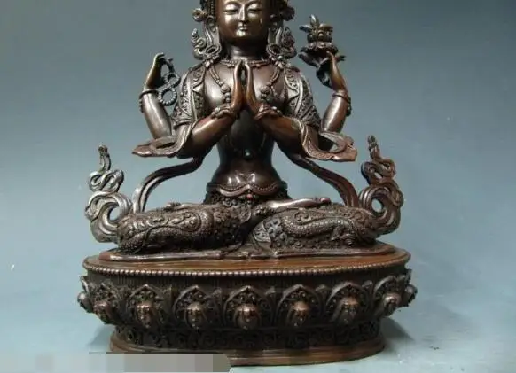 

S03404 Tibet 100% Pure Bronze Four-arm Hands Avalokitesvara Kwan-Yin Buddha Statue