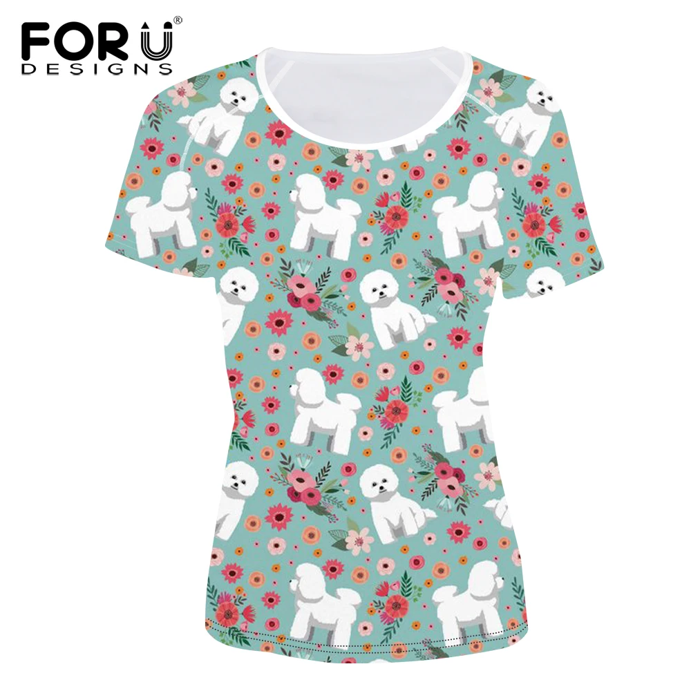 

FORUDESIGNS Bichon Frise Printed T Shirt Women Flower Pattern Funny Tee Shirt for Girls Female Kawaili Short Sleeve T-shirts