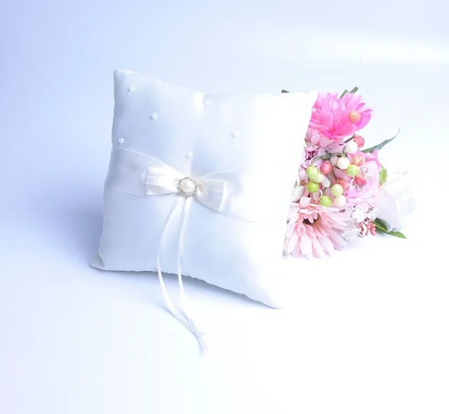 Белая Квадратная жемчужная бантик атласная лента свадебное кольцо подушку для