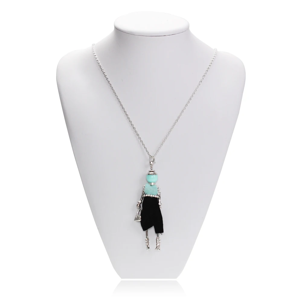 

WNGMNGL New Design Doll Necklace Pendant Silver Color Long Chain Rhinestone Necklaces With Bag for Women Girl Statement Jewelry