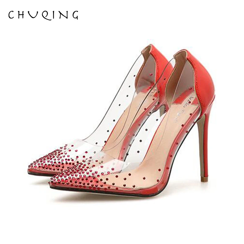 

CHUQING 2019 Spring and Autumn New Fashion Transparent Rhinestone Stiletto Women's Shoes Pointed Shallow Mouth High Heels