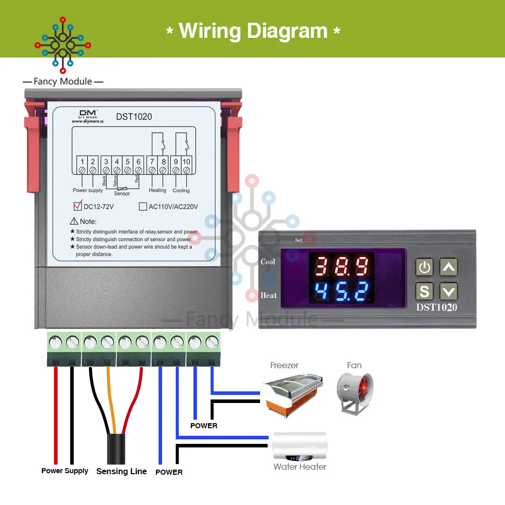 DST1020 DC12V 72 V двойной дисплей цифровой регулятор температуры контроль термостат