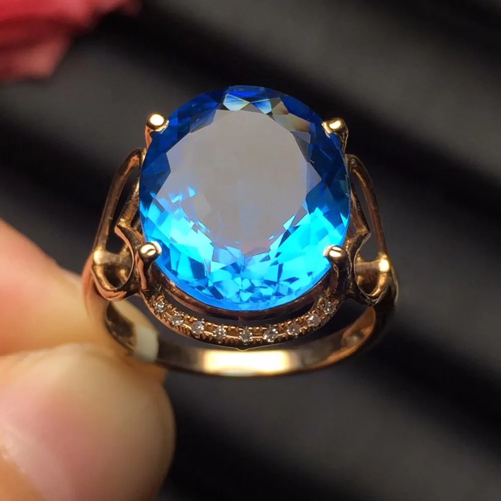 Fine Jewelry Trendy Real 18K Rose Gold AU750 100% Natural Blue Topaz Gemstones Female Rings for Women Ring | Украшения и