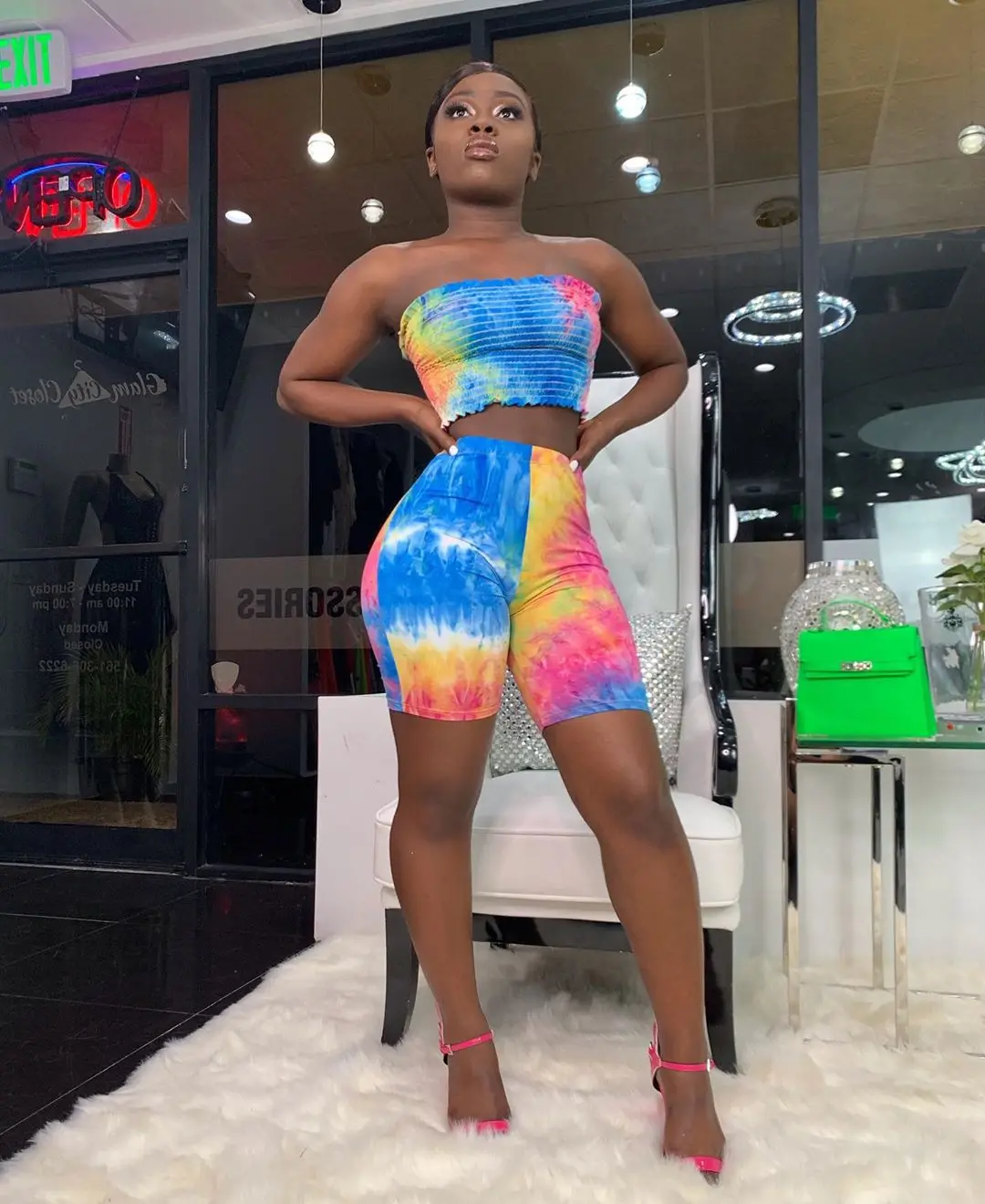 J6087 женские плиссированные с контрастным принтом, с открытыми плечами, топ с высокой талией, прямые, короткие, сексуальные штаны из двух предметов