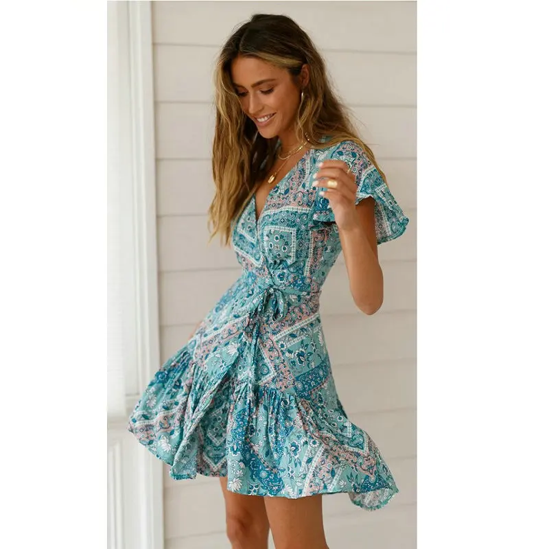 Женское платье ZOGAA мини с цветочным принтом треугольным вырезом поясом и