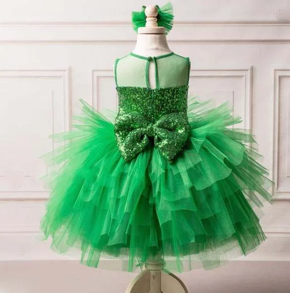 Sparkly green sequins bodice tiered tulle cupcake puffy ruffles girl kids celebration baby 1 year birthday party dress with bow | Детская