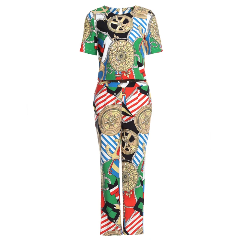 OLN 2PCS Women Tops+Pants Vintage Summer Autumn Short Sleeves Top Shirt Floral Printed Female Suits Ankle Length Pants Thin | Женская