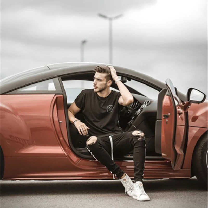 2019 летние мужские белые полосатые джинсы с дырками джинсовые штаны обтягивающие