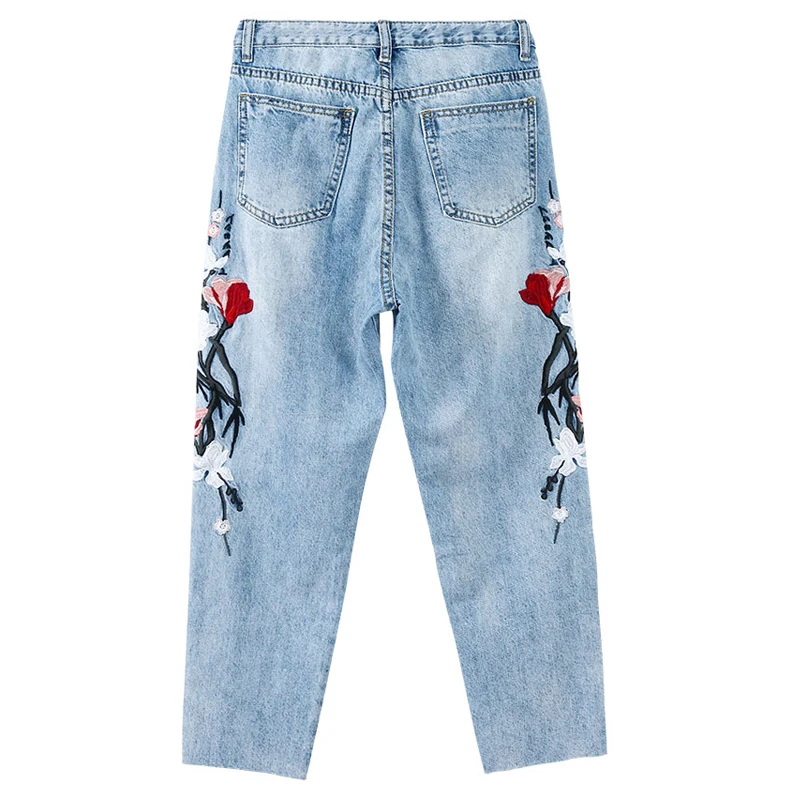 Spring Flower Embroidery Denim Jeans For Women Straight Plus Size Long Pants Natural Waist Ladies Trousers Casual A-027 |