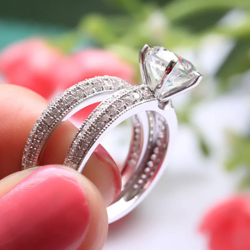 Чистое серебро 2 карата высокоуглеродный Диамант имитация мужское кольцо 925