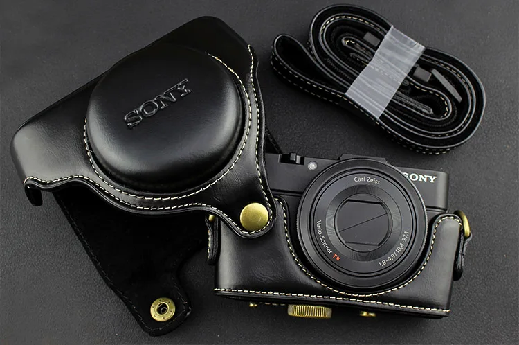 black with logo Из искусственной кожи чехол сумка для фотоаппарата для sony RX100II RX100III RX100IV RX100V RX100 M3 M4 M5 M6 протектор чехол с ремешком - Цвет: black with logo