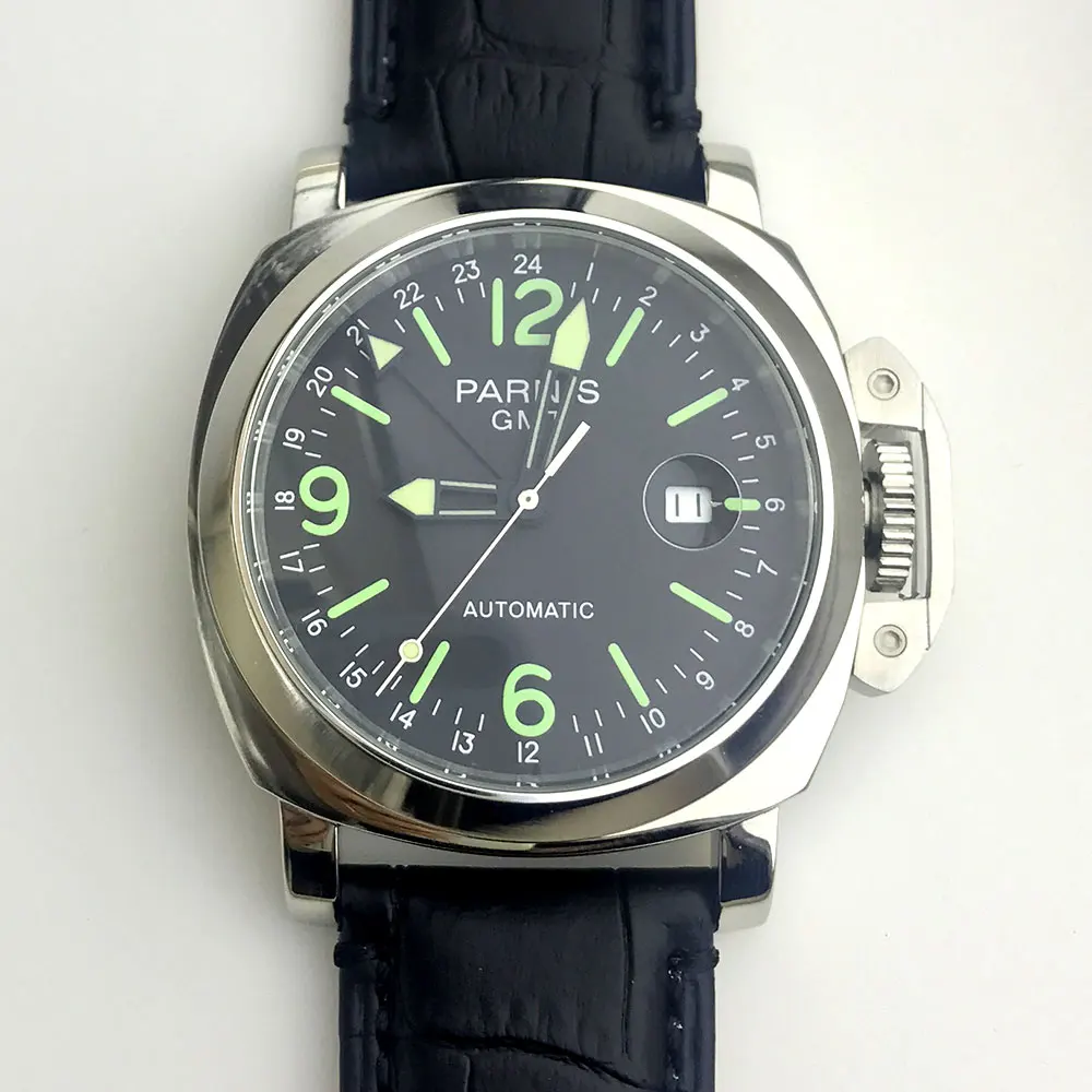 Часы Parnis 44 мм GMT светящиеся стрелки автоматический механизм мужской чехол из нержавеющей стали полированный кожаный ремешок P1127-1