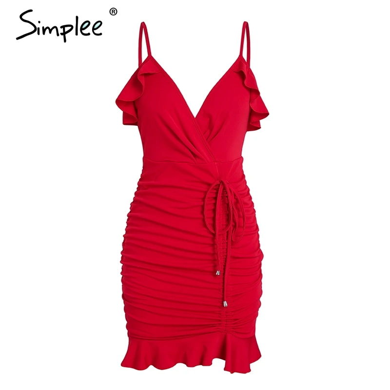 Simplee Глубокий v шейный ремешок Женщины bodycon сексуальное платье шнурок рябить