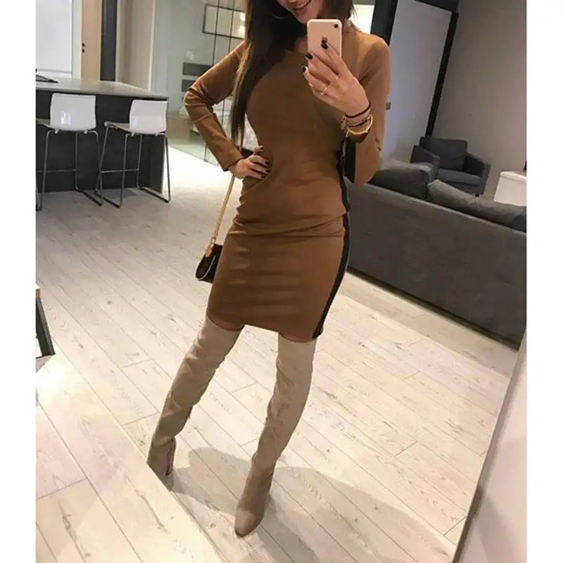 Осенняя женская обувь с длинными рукавами в стиле пэчворк Side Striped посылка Bodycon