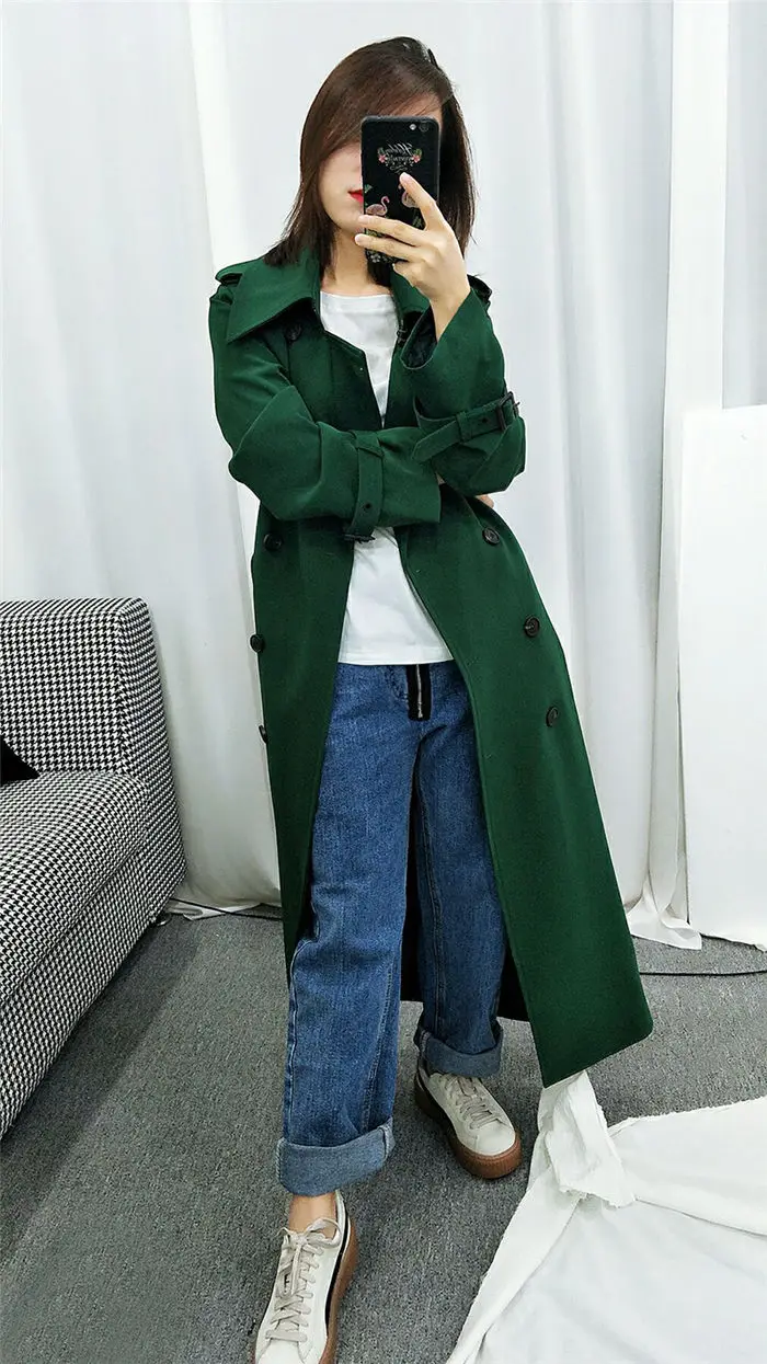 Autumn Fashion Double-breasted Green Windbreaker Korean Casual Jacket Basic Belt Long Coat For Office Ladies Overcoat f1081